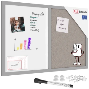 Tablica COMBI korkowa szary korek / biała magnetyczna 60x40 rama drewniana lakierowana szara