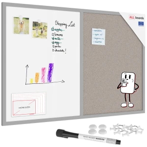 Tablica COMBI korkowa szary korek / biała magnetyczna 90x60 rama drewniana lakierowana szara