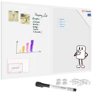 Tablica COMBI korkowa biały korek / biała magnetyczna 90x60 rama drewniana lakierowana biała