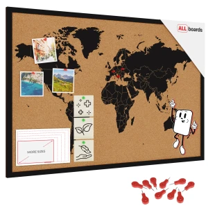 Tablica korkowa MAPA ŚWIATA rama drewniana CZARNA 90x60 cm + GRATIS