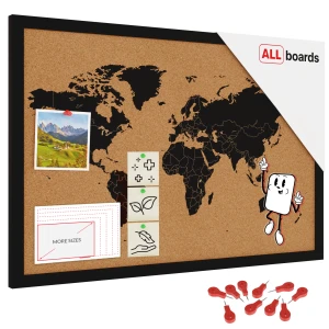 Tablica korkowa MAPA ŚWIATA rama drewniana lakierowana CZARNA 60x40 cm + GRATIS
