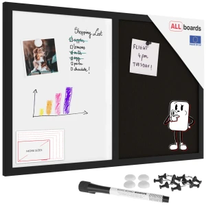 Tablica COMBI korkowa czarny korek / biała magnetyczna 60x40 rama drewniana lakierowana czarna