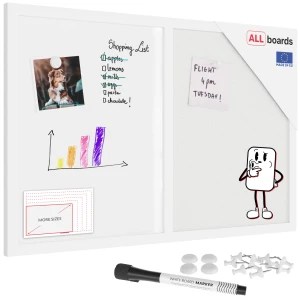 Tablica COMBI korkowa biały korek / biała magnetyczna 60x40 rama drewniana lakierowana biała